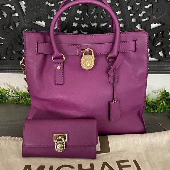Michael Kors Plum Leather Large Hamilton Satchel and wallet - Picture 1 of 8